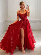 A Line Spaghetti Straps Sweep Train Prom Dresses With Leg Slit