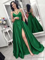 A Line Spaghetti Straps Sweep Train Satin Prom Dress With Pockets