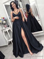 A Line Spaghetti Straps Sweep Train Satin Prom Dress With Pockets