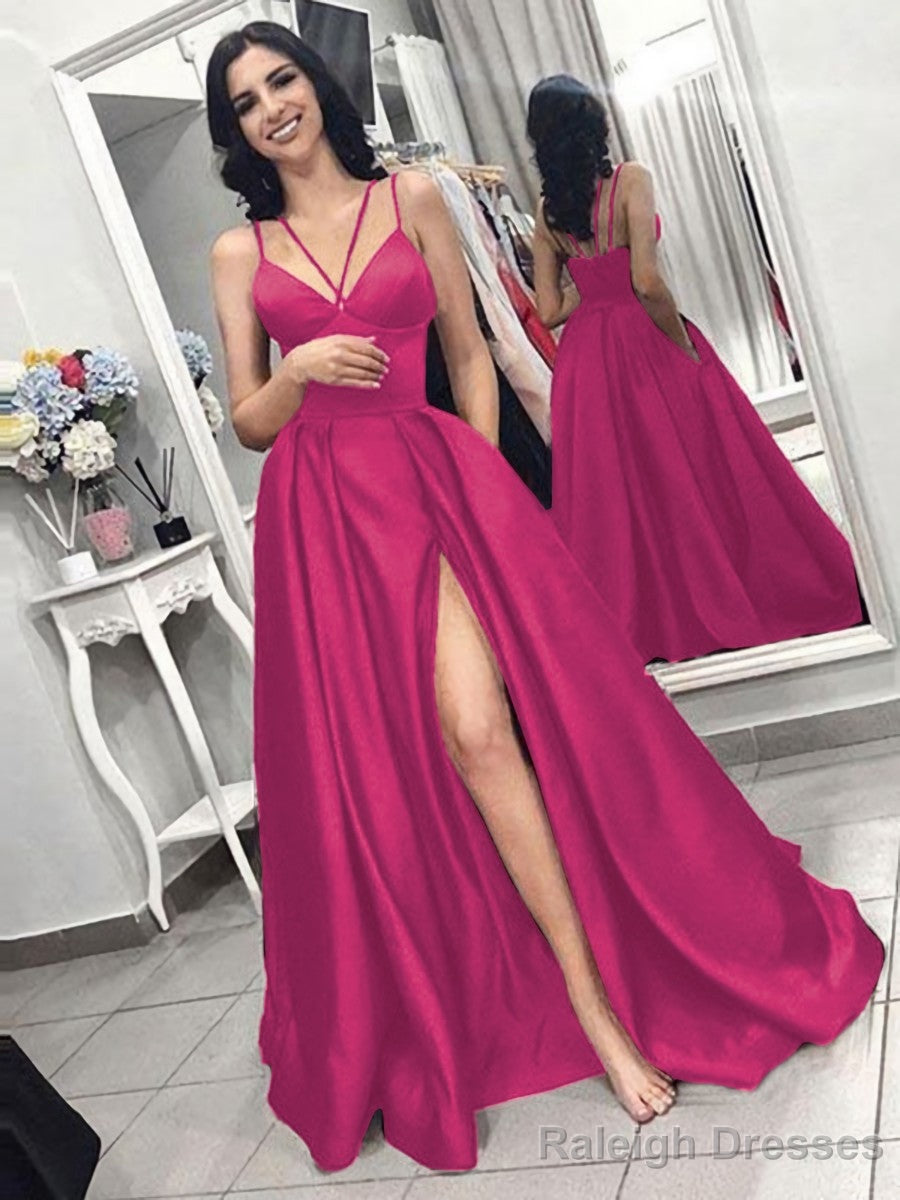 A Line Spaghetti Straps Sweep Train Satin Prom Dress With Pockets