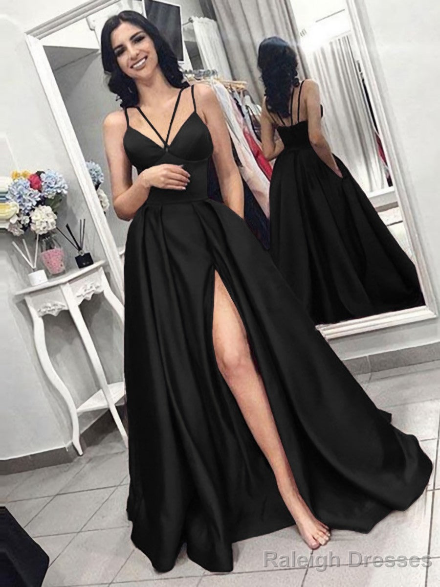 A Line Spaghetti Straps Sweep Train Satin Prom Dress With Pockets Secondary image