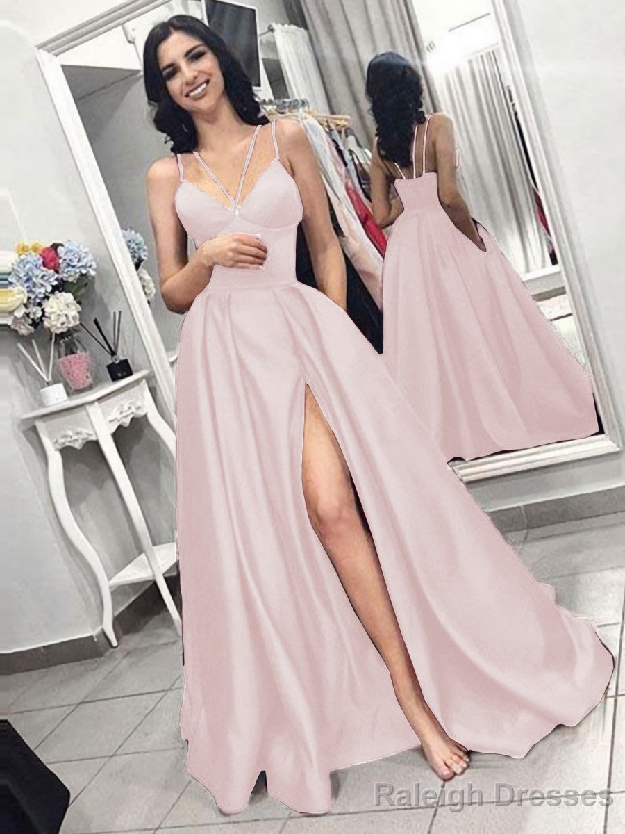 A Line Spaghetti Straps Sweep Train Satin Prom Dress With Pockets
