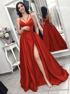 A Line Spaghetti Straps Sweep Train Satin Prom Dress With Pockets