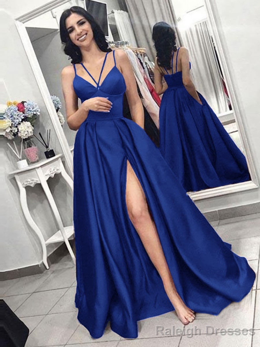 A Line Spaghetti Straps Sweep Train Satin Prom Dress With Pockets