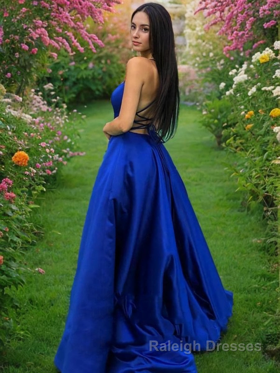 A Line Spaghetti Straps Sweep Train Satin Prom Dresses Secondary image