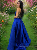 A Line Spaghetti Straps Sweep Train Satin Prom Dresses