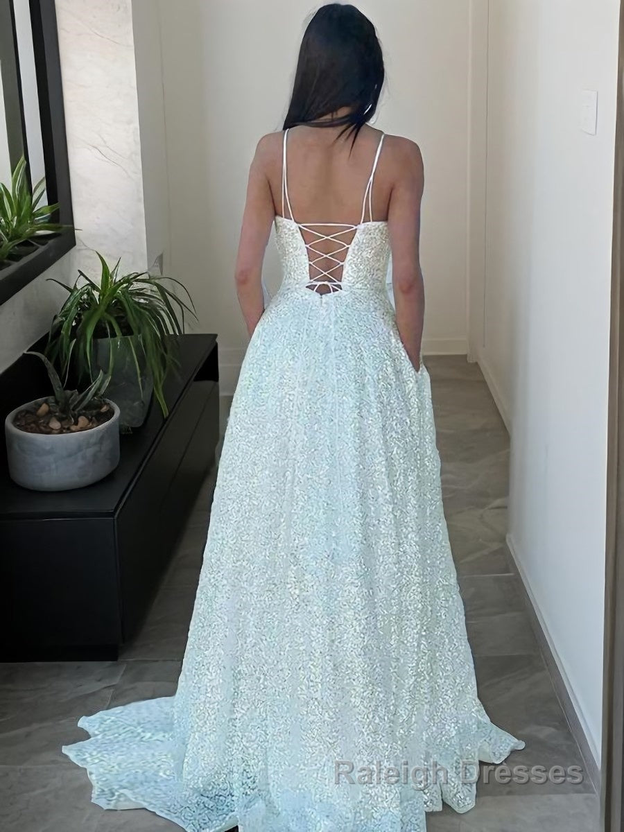 A Line Spaghetti Straps Sweep Train Sequins Prom Dresses With Pockets Secondary image