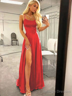 A-Line/Princess Spaghetti Straps Sweep Train Silk like Satin Prom Dresses With Leg Slit