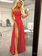 A Line Spaghetti Straps Sweep Train Silk like Satin Prom Dress With Leg Slit