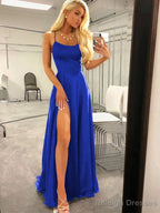 A Line Spaghetti Straps Sweep Train Silk like Satin Prom Dress With Leg Slit
