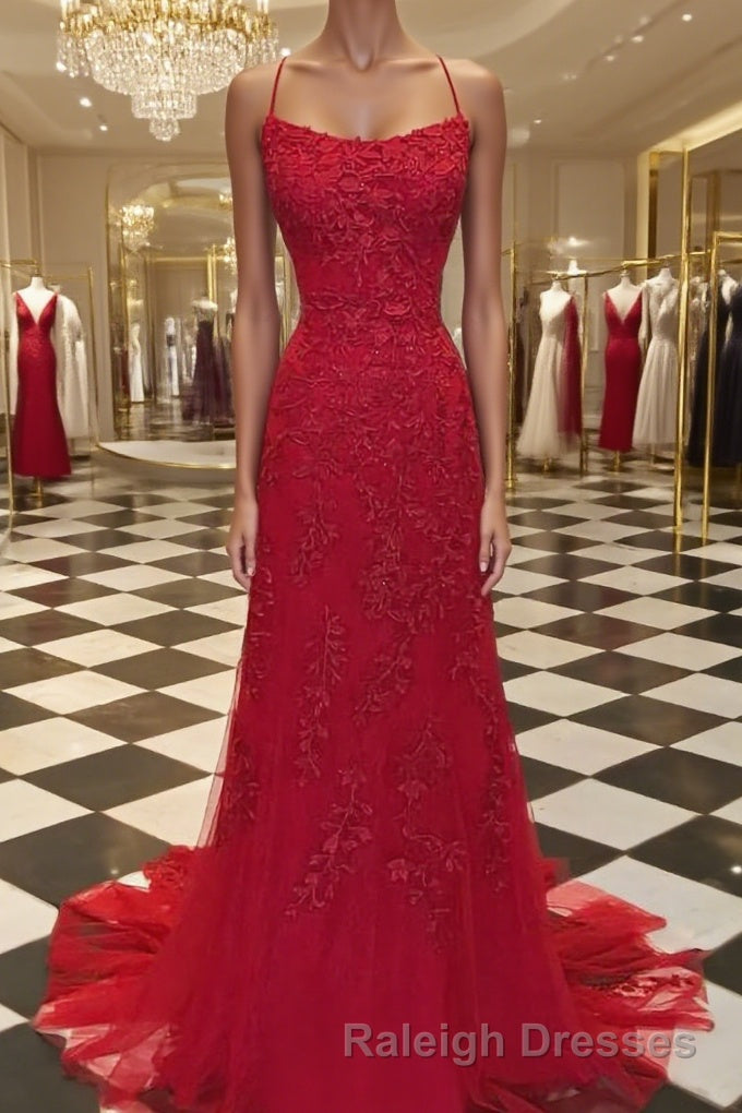 A-Line/Princess Spaghetti Straps Sweep Train Tulle Evening Dresses With Appliques Lace