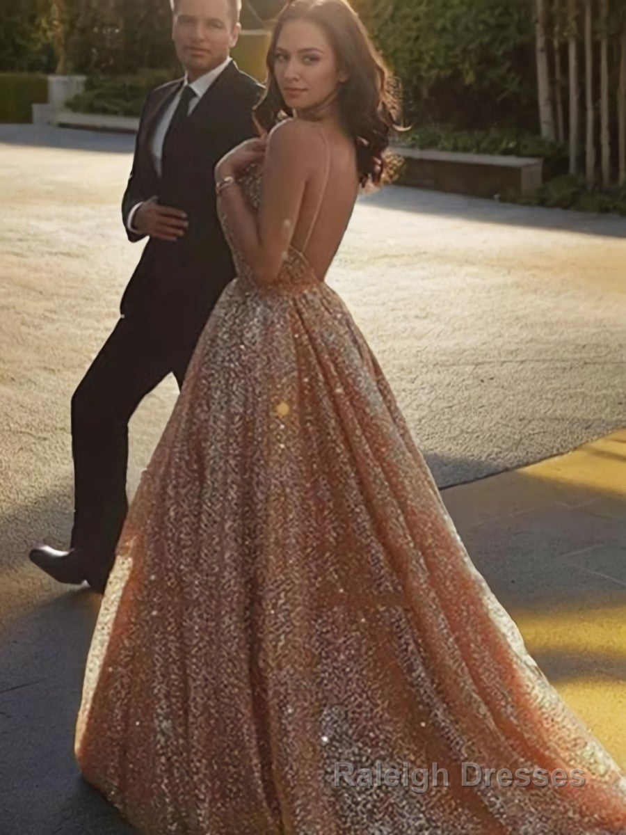 A Line Spaghetti Straps Court Train Tulle Prom Dresses With Sequin