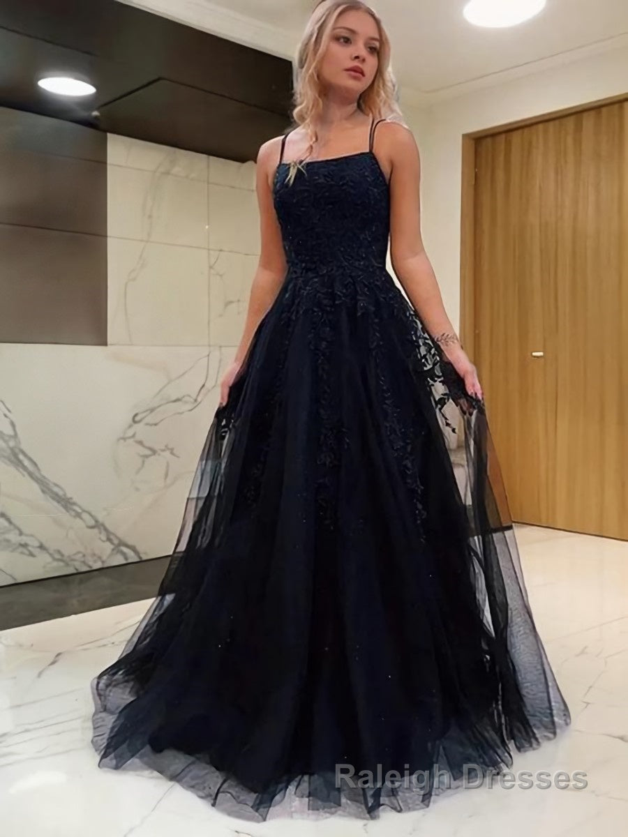 A Line Spaghetti Straps Sweep Train Tulle Prom Dresses With Appliques Lace Main image