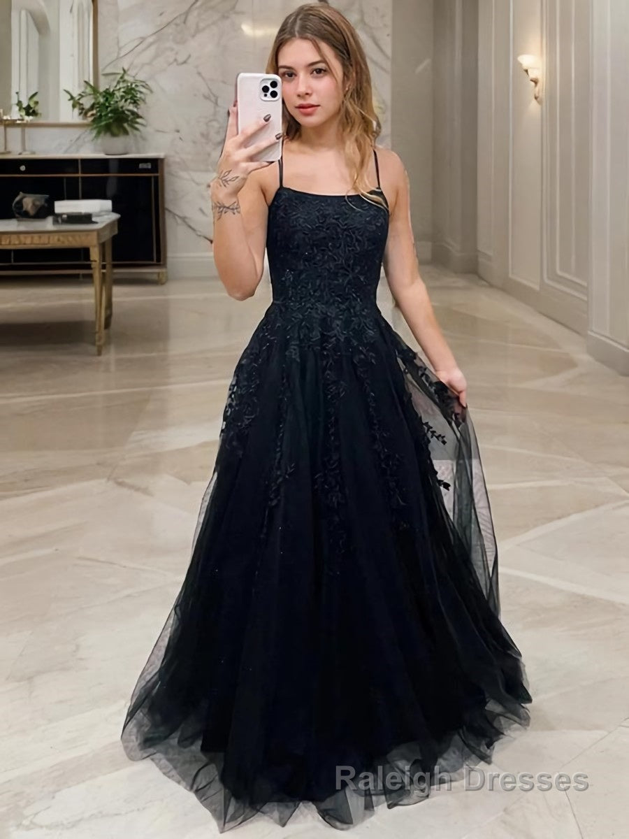 A Line Spaghetti Straps Sweep Train Tulle Prom Dresses With Appliques Lace Secondary image