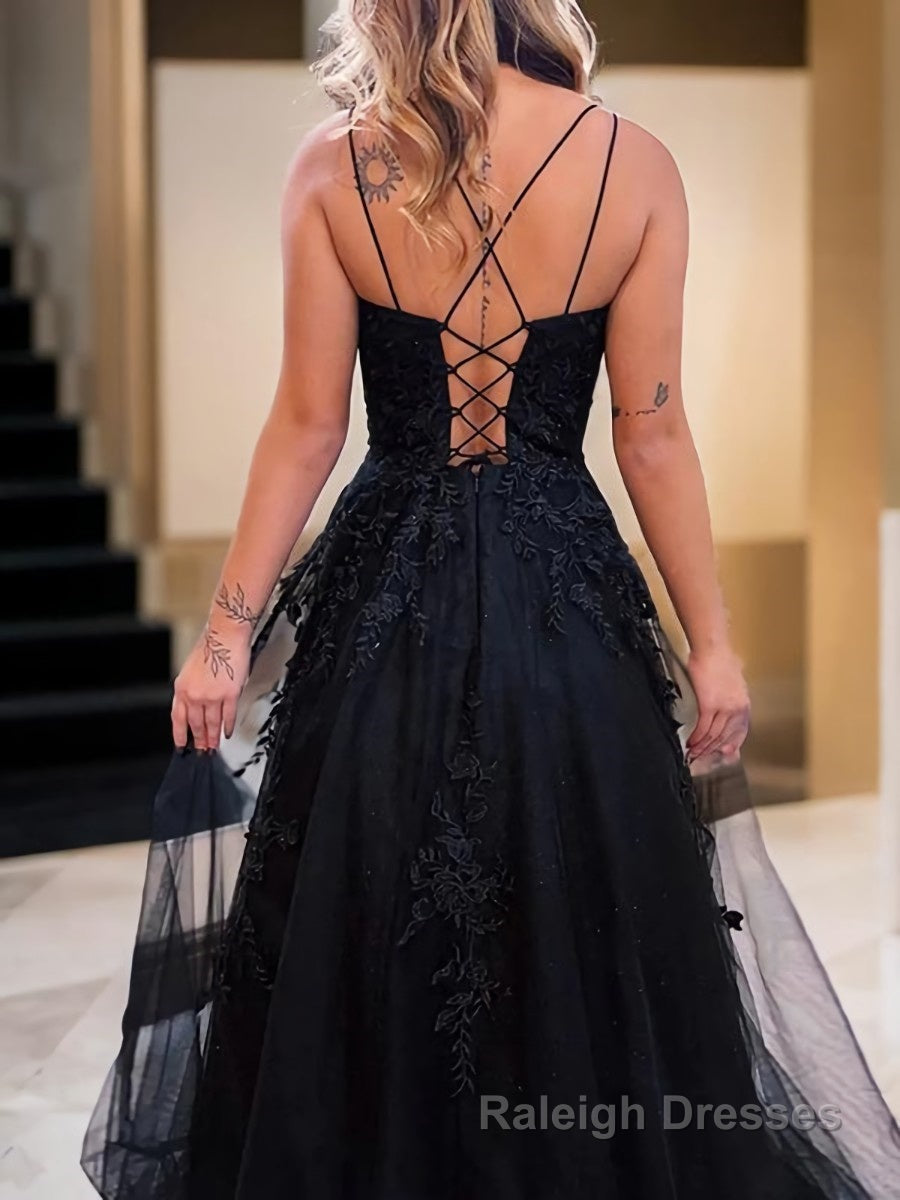 A Line Spaghetti Straps Sweep Train Tulle Prom Dresses With Appliques Lace