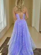 A Line Spaghetti Straps Sweep Train Tulle Prom Dresses With Appliques Lace