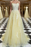 A-Line/Princess Spaghetti Straps Sweep Train Tulle Prom Dresses With Appliques Lace