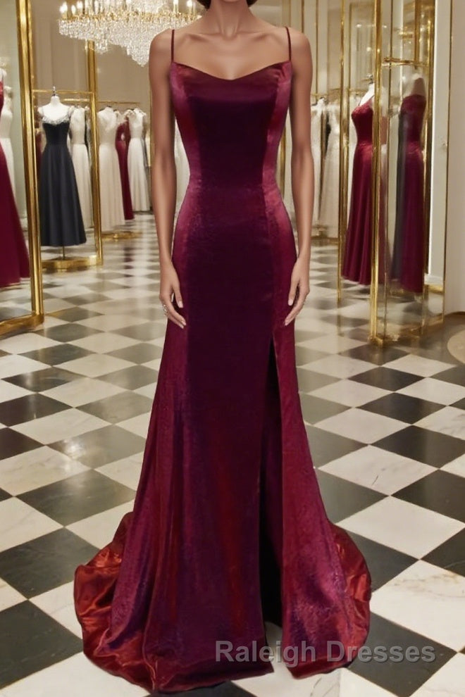 A-Line/Princess Spaghetti Straps Sweep Train Velvet Prom Dresses With Leg Slit