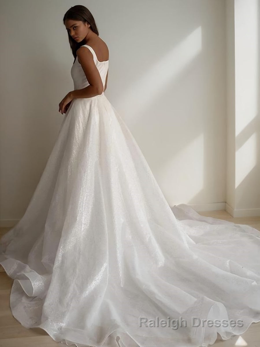 A Line Square Chapel Train Wedding Dresses