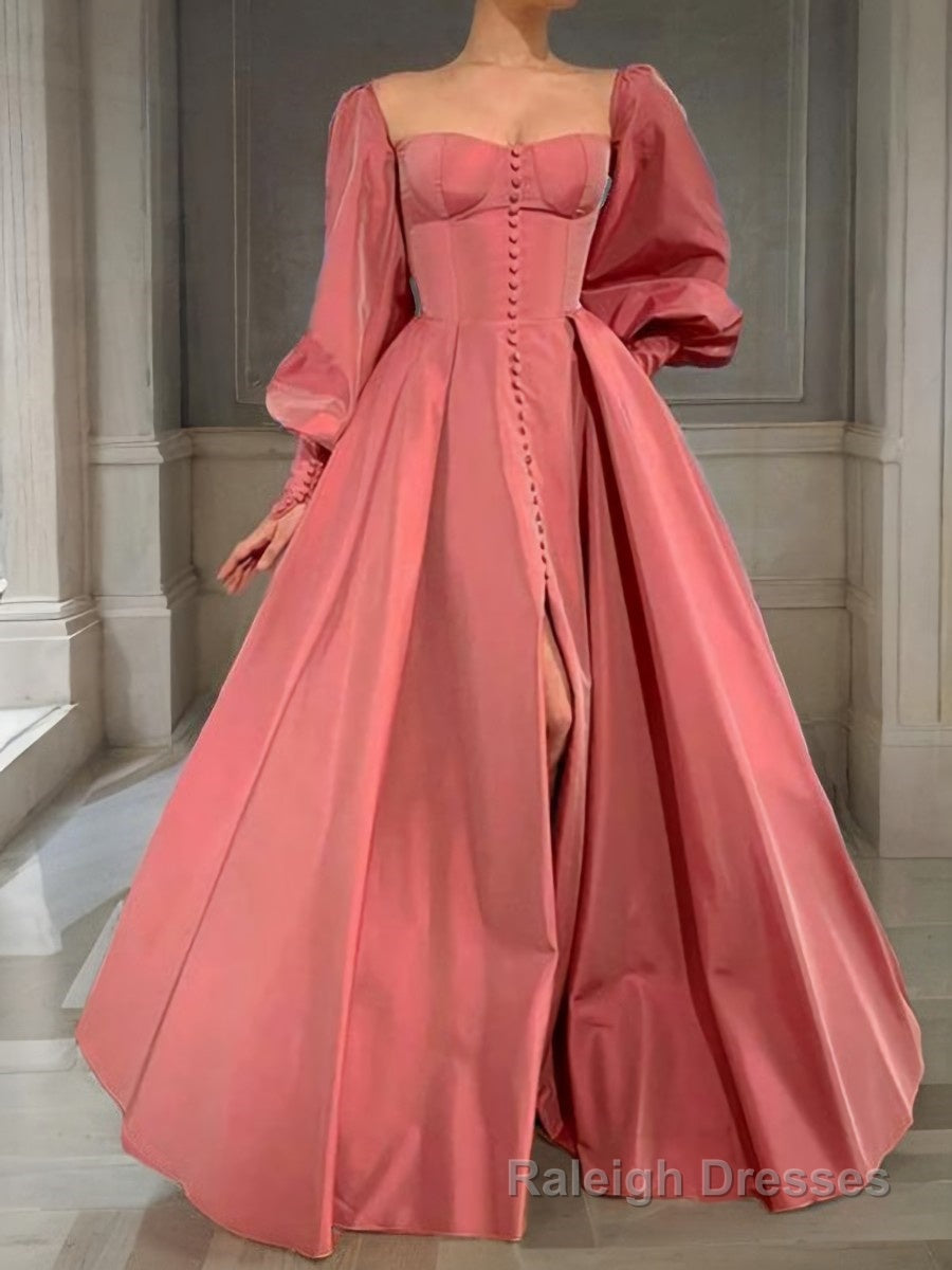 A Line Square Floor Length Satin Prom Dresses With Leg Slit Main image