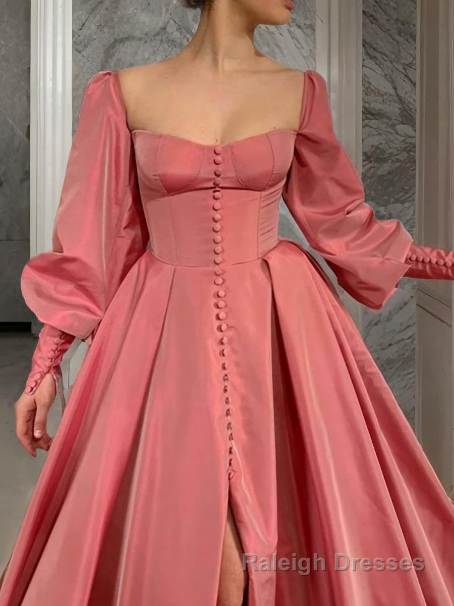 A Line Square Floor Length Satin Prom Dresses With Leg Slit