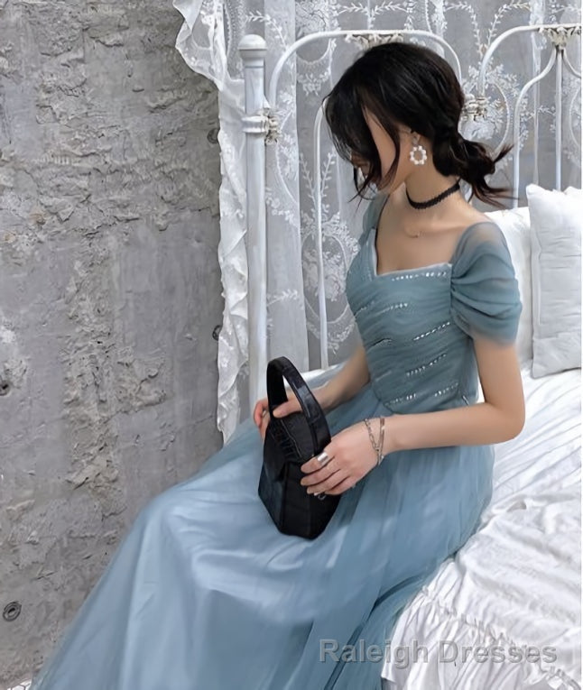 A Line Princess Square Neckline Short Sleeve Floor Length Prom Dresses