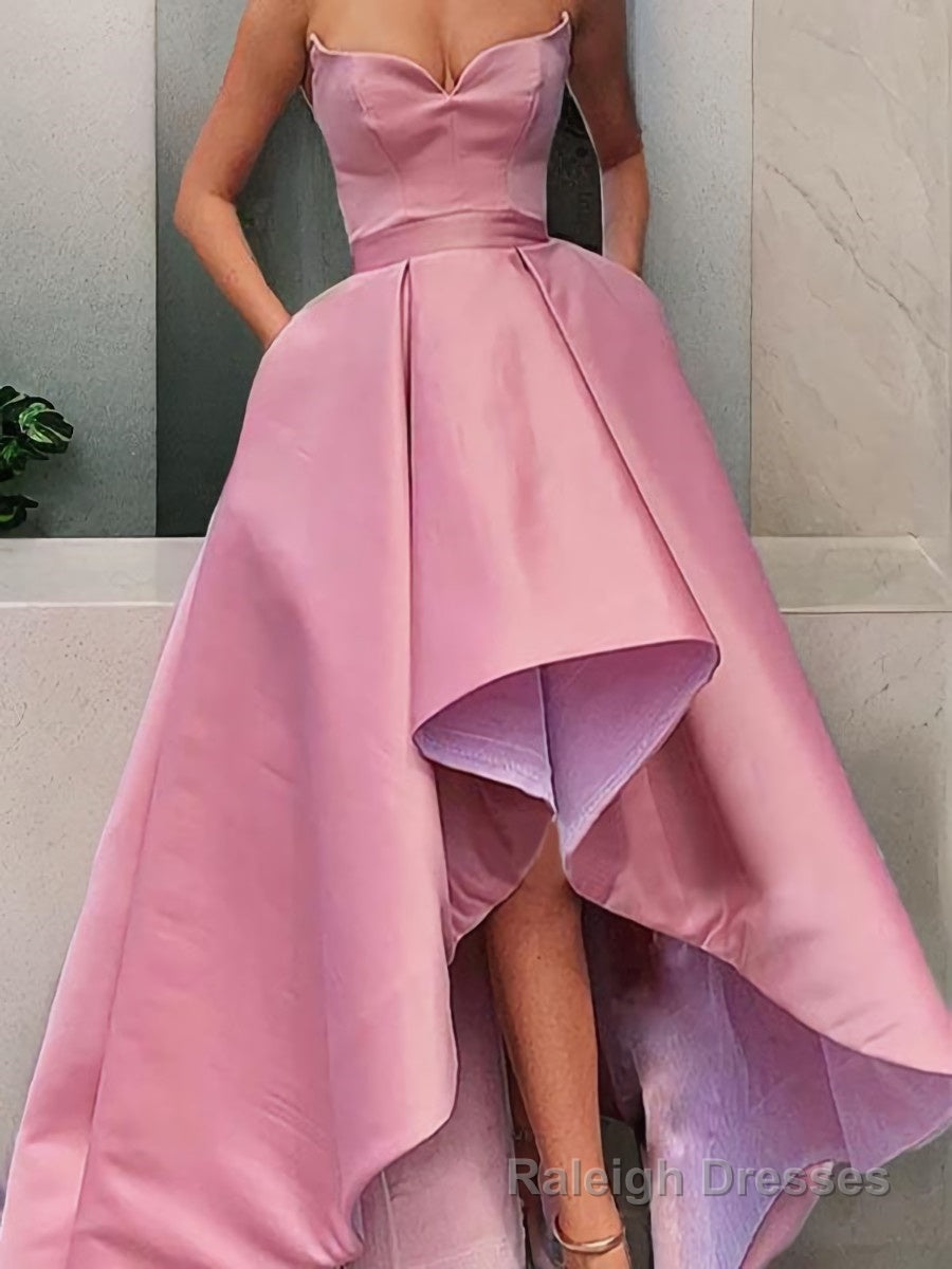 A-Line/Princess Strapless Asymmetrical Satin Prom Dresses With Pockets Main image