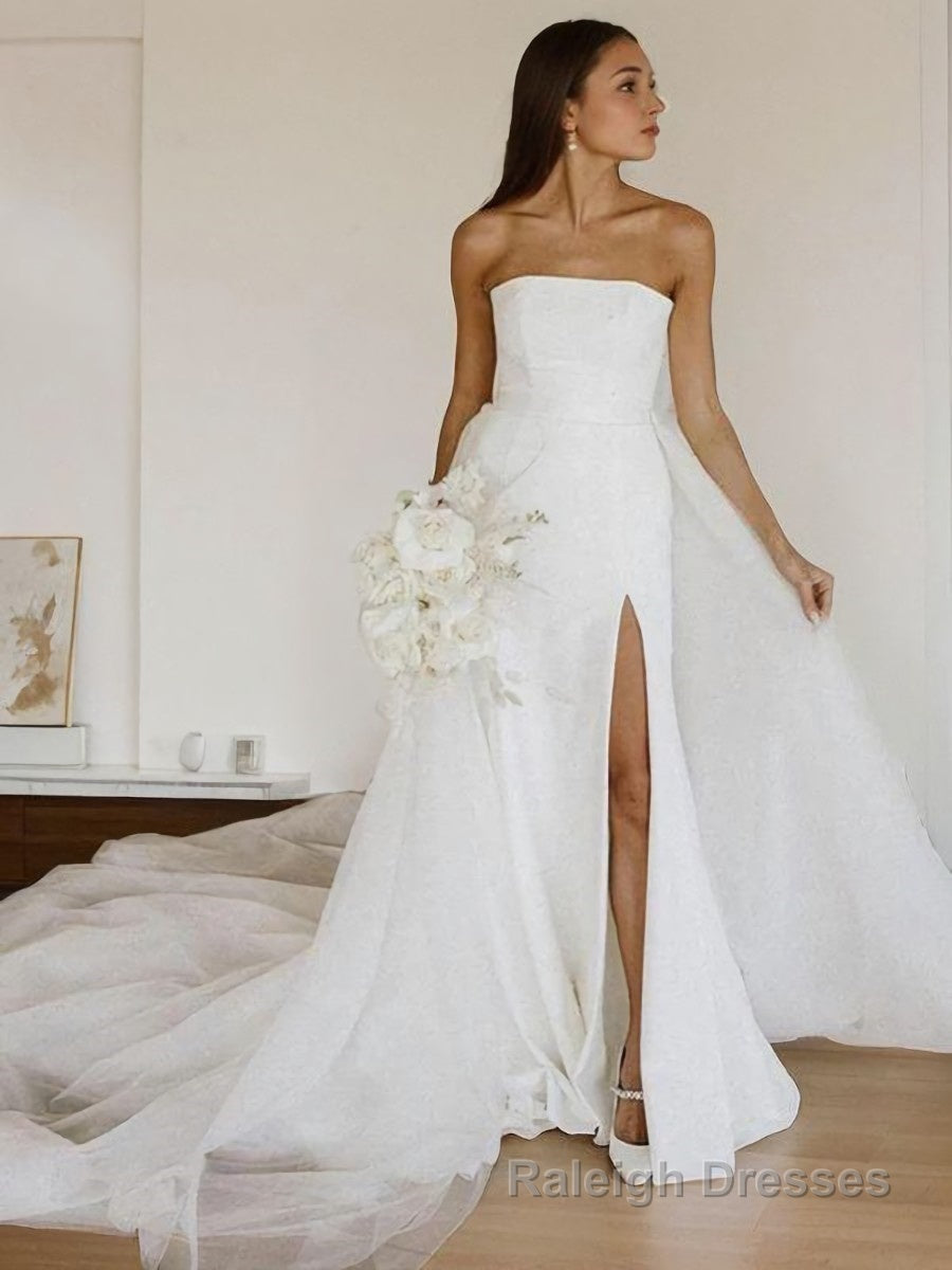 A Line Strapless Cathedral Train Stretch Crepe Wedding Dresses With Leg Slit