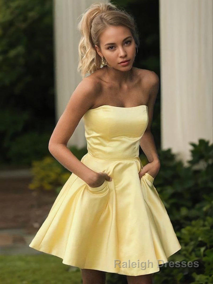 A Line Strapless Short Mini Satin Homecoming Dresses Main image