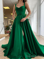 A Line Straps Court Train Satin Prom Dress With Pockets