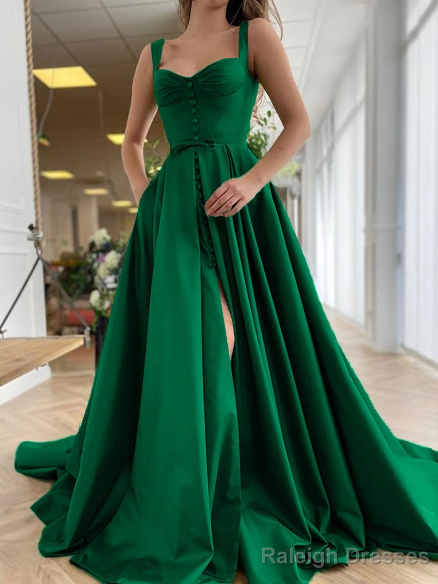 A Line Straps Court Train Satin Prom Dress With Pockets