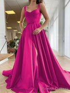 A-Line/Princess Straps Court Train Satin Prom Dresses With Pockets