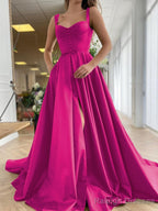 A Line Straps Court Train Satin Prom Dress With Pockets