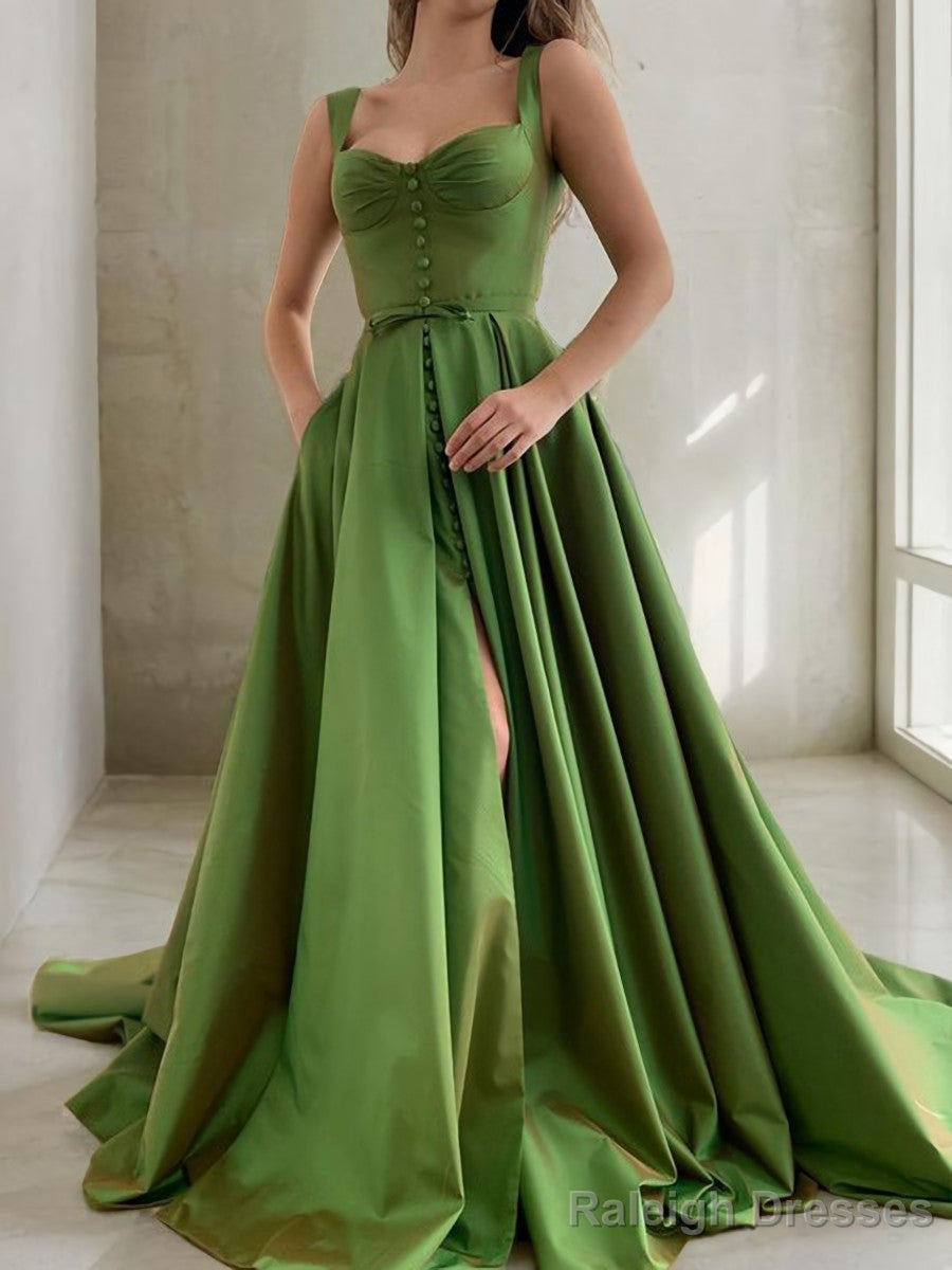 A Line Straps Court Train Satin Prom Dress With Pockets Main image