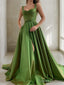 A Line Straps Court Train Satin Prom Dress With Pockets