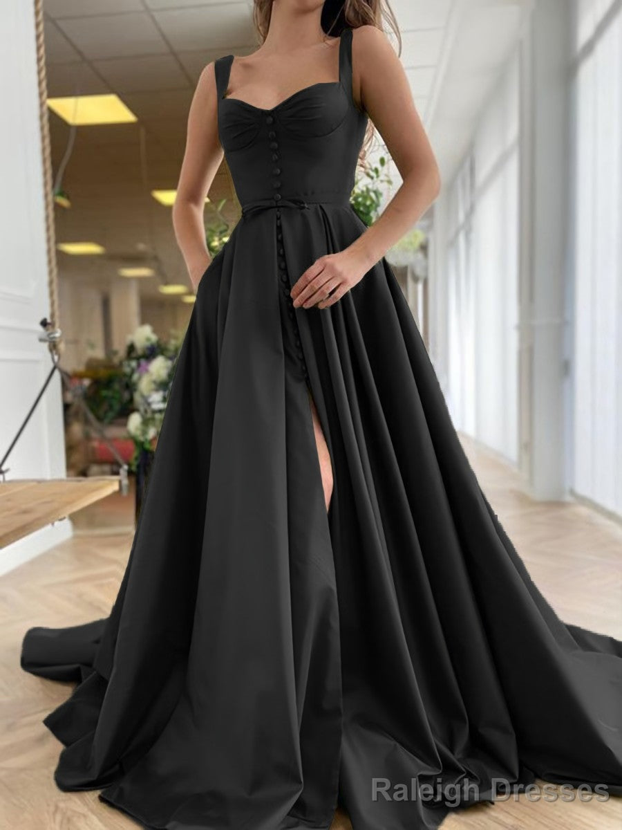 A-Line/Princess Straps Court Train Satin Prom Dresses With Pockets Secondary image