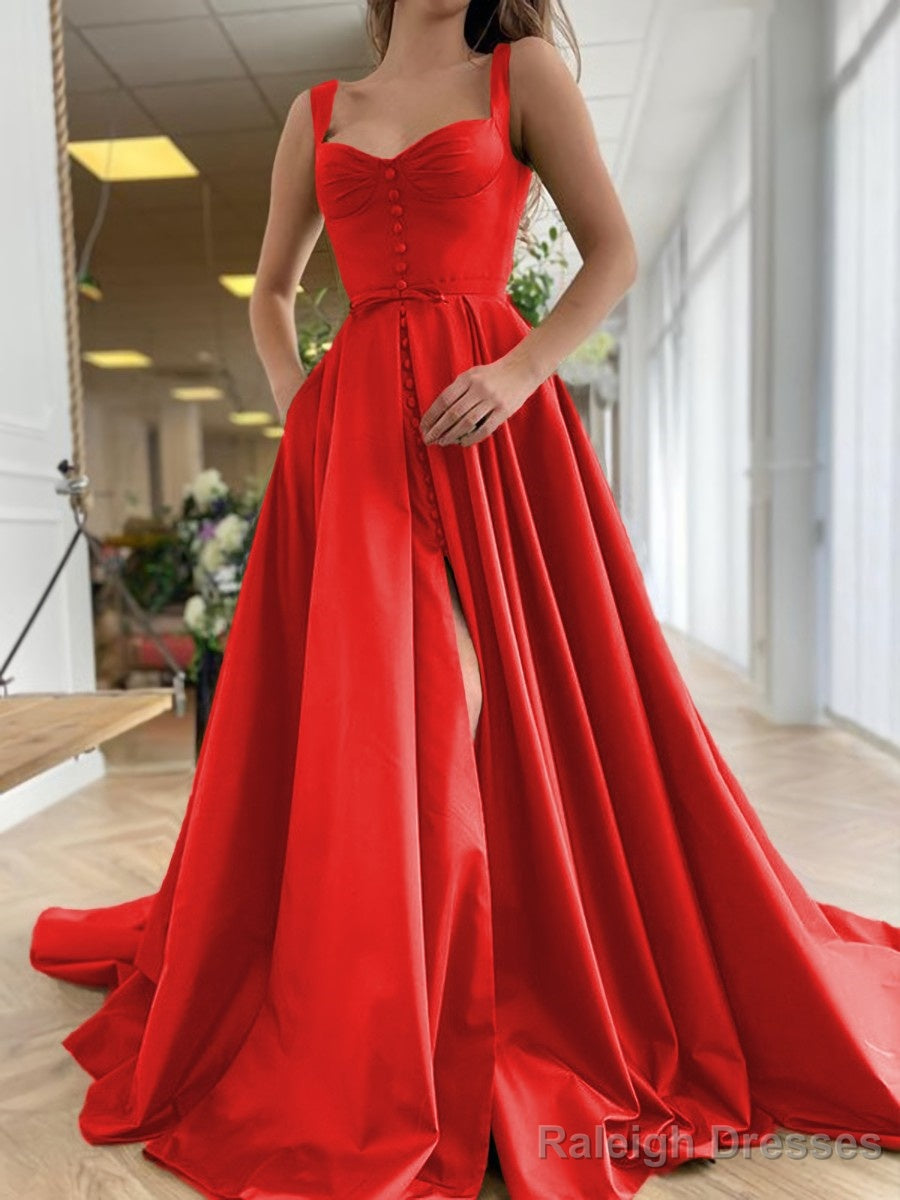 A-Line/Princess Straps Court Train Satin Prom Dresses With Pockets