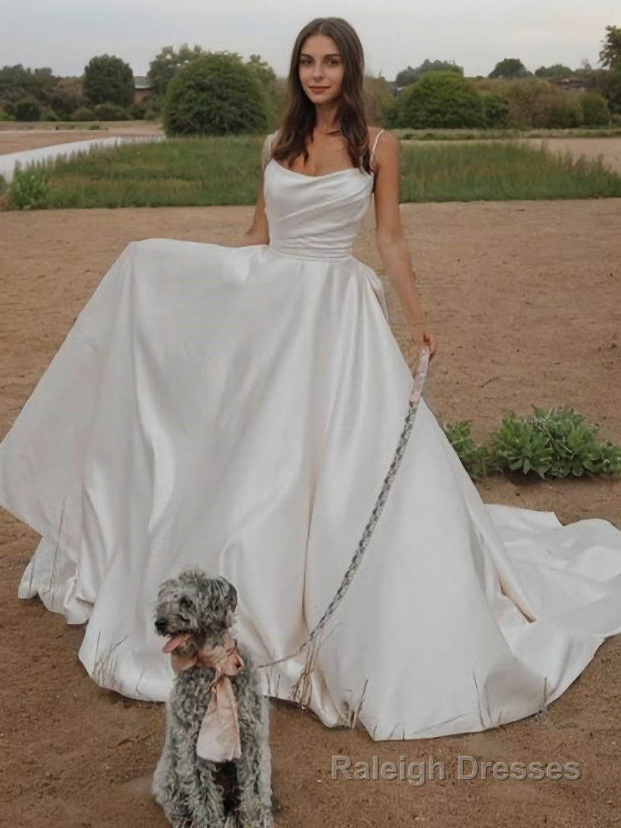 A Line Straps Court Train Satin Wedding Dress with Bow Main image