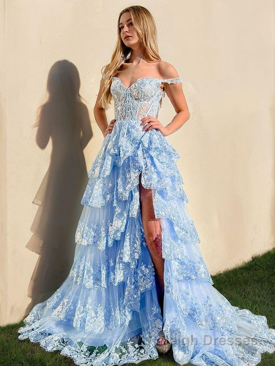A Line Straps Court Train Tulle Prom Dresses With Leg Slit