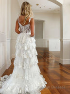 A Line Straps Court Train Tulle Prom Dresses With Leg Slit