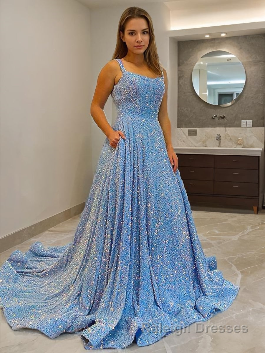A-Line/Princess Straps Court Train Velvet Sequins Prom Dresses With Pockets Main image