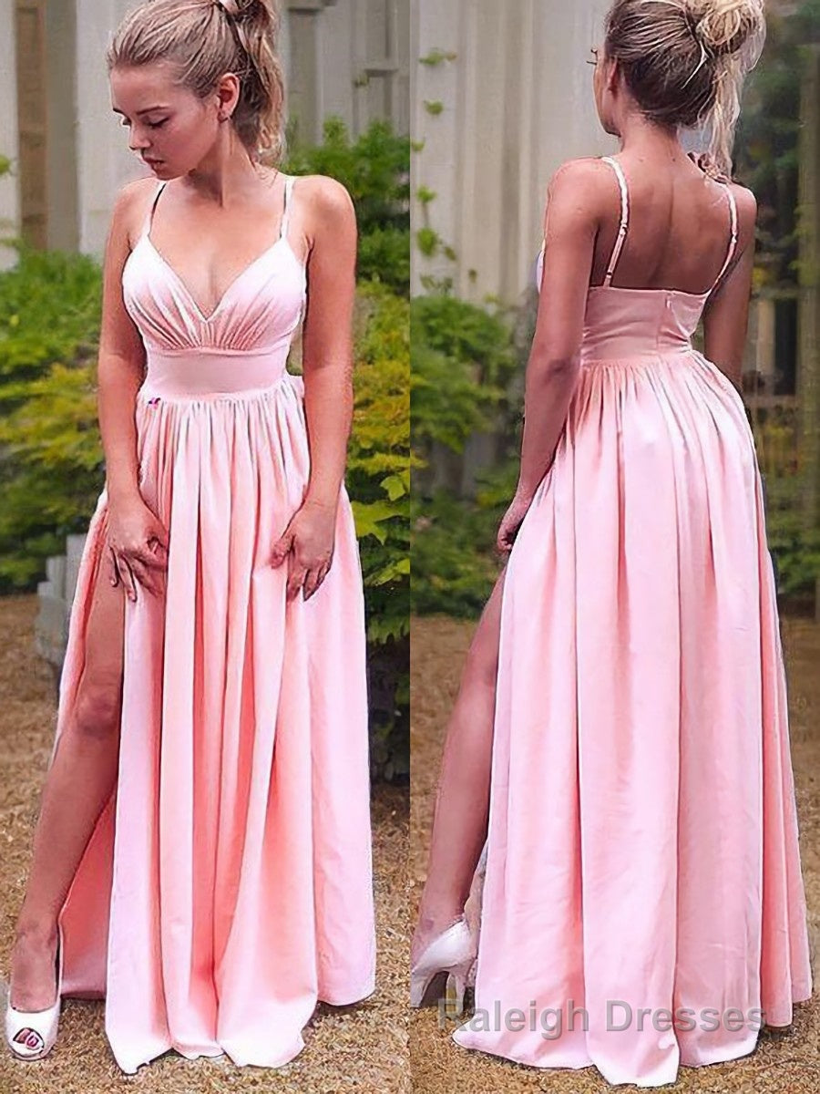 A-Line/Princess Straps Floor-Length Stretch Crepe Prom Dresses With Leg Slit Main image