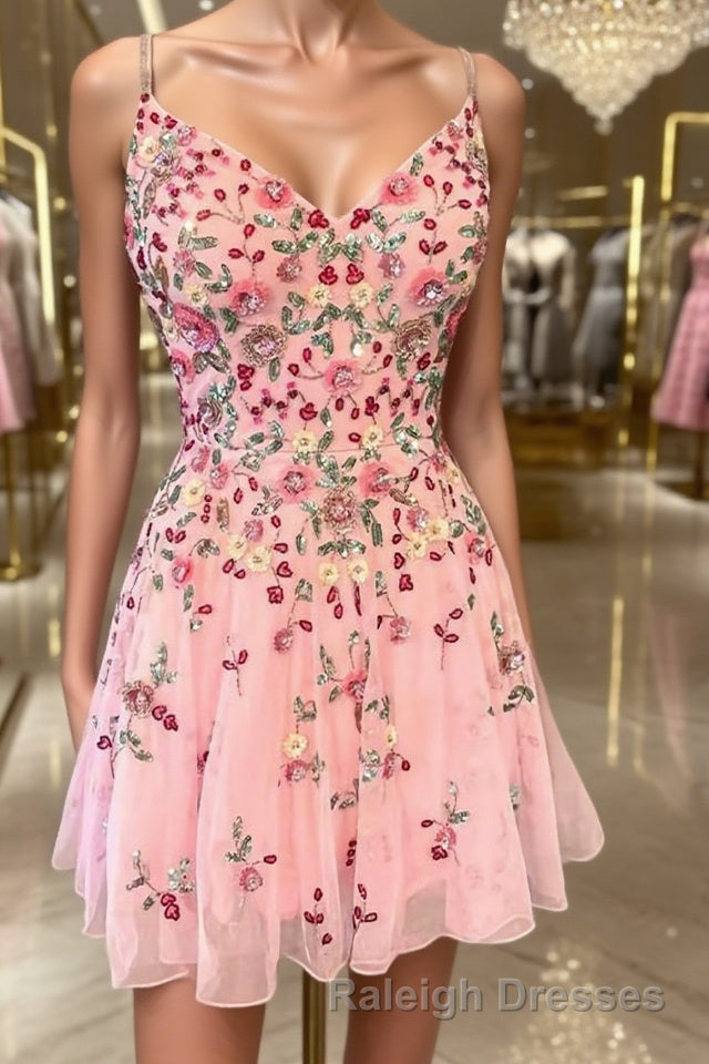 A Line Straps Short Mini Lace Homecoming Dresses with Appliques Lace Main image