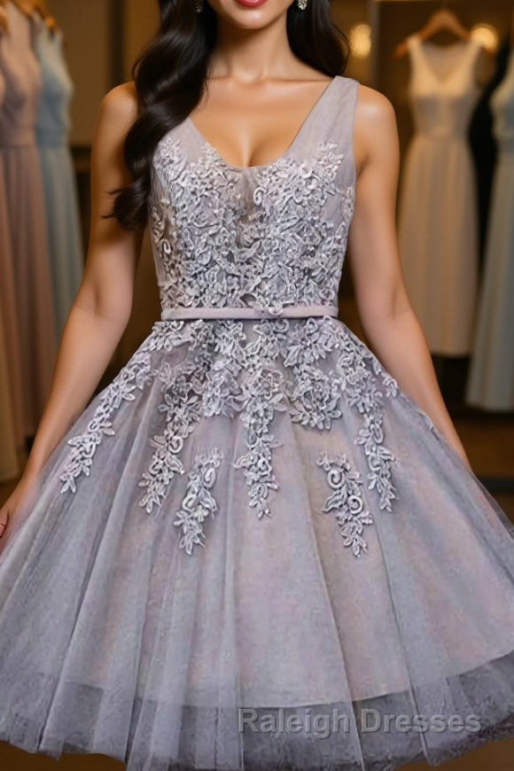 A Line Straps Short Mini Tulle Homecoming Dress With Appliques Lace Main image