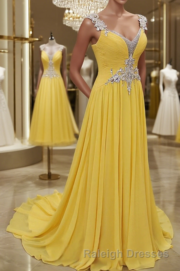 A-Line/Princess Straps Sweep Train Chiffon Prom Dresses With Beading Main image