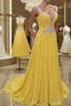 A-Line/Princess Straps Sweep Train Chiffon Prom Dresses With Beading
