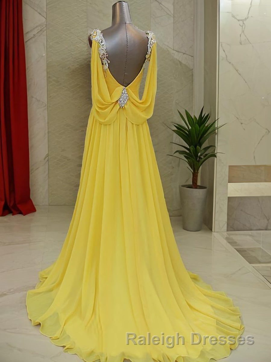 A-Line/Princess Straps Sweep Train Chiffon Prom Dresses With Beading Secondary image