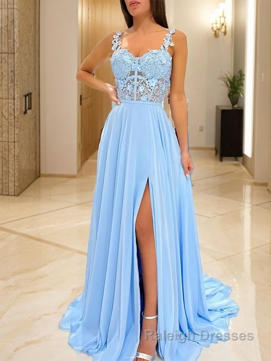 A-Line/Princess Straps Sweep Train Chiffon Prom Dresses With Leg Slit Main image