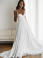 A Line Straps Sweep Train Lace Wedding Dresses