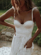 A Line Straps Sweep Train Lace Wedding Dresses